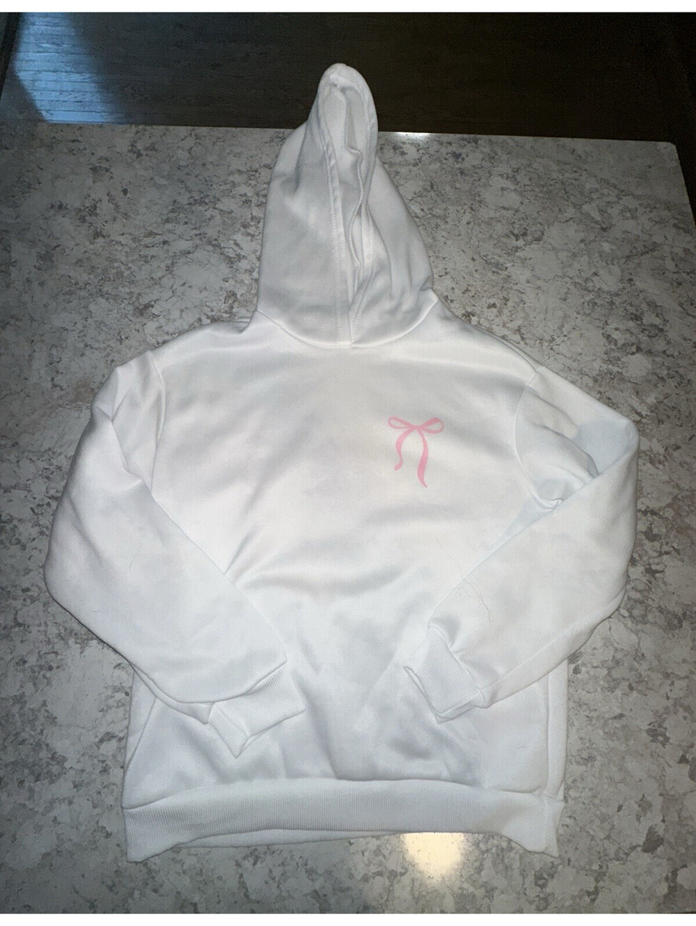 Girls S White Pullover Hoodie Pink Embroidered Bow Fleece Cotton Long Sleeve